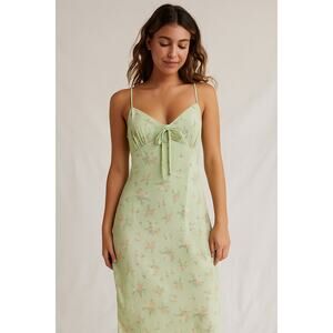 Y2K Babydoll Spaghetti Strap Green Floral Midi Dress Womens Large Wedding Guest